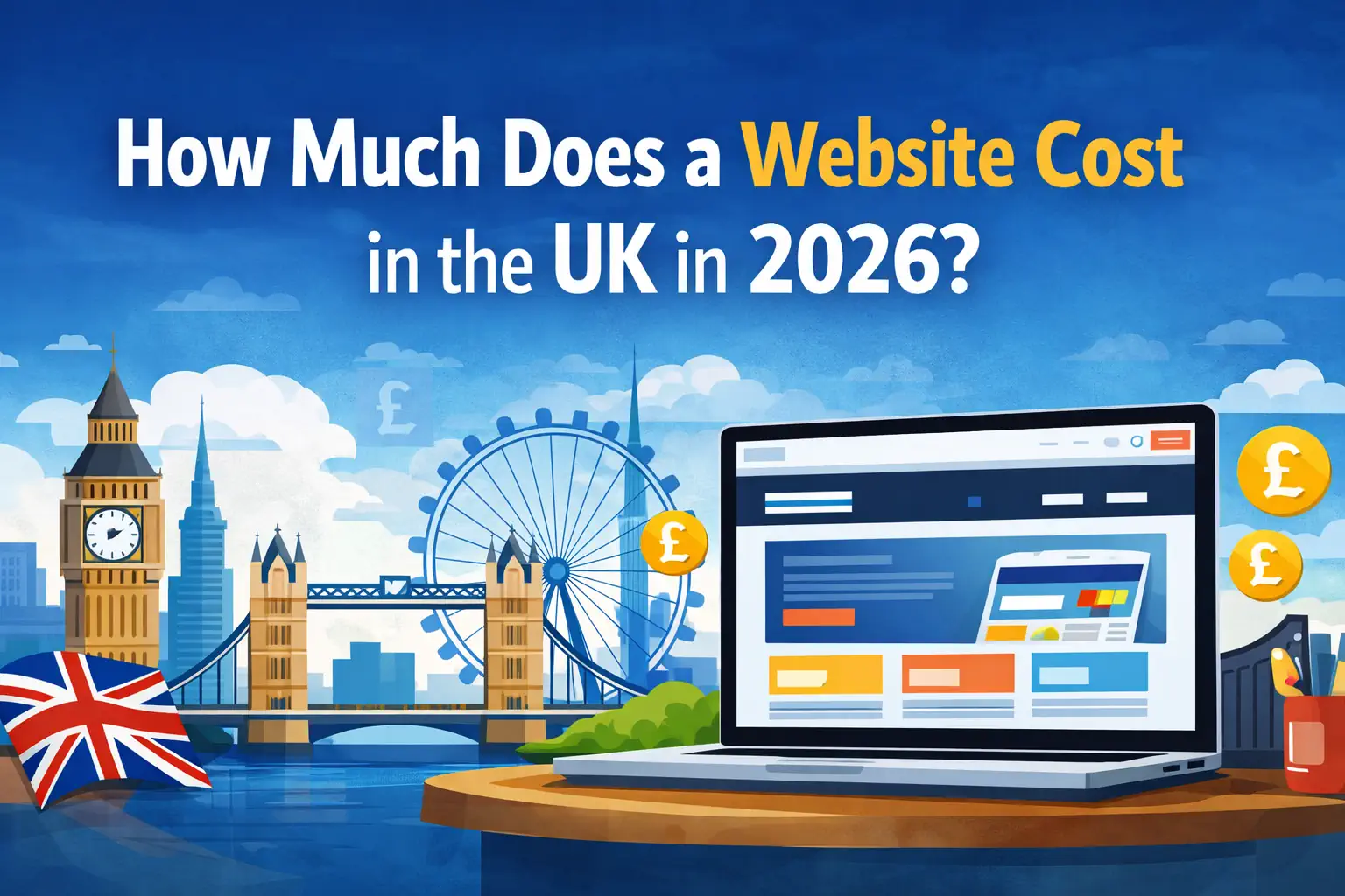 Picture of London landmarks, a computer screen and Great British pound symbols